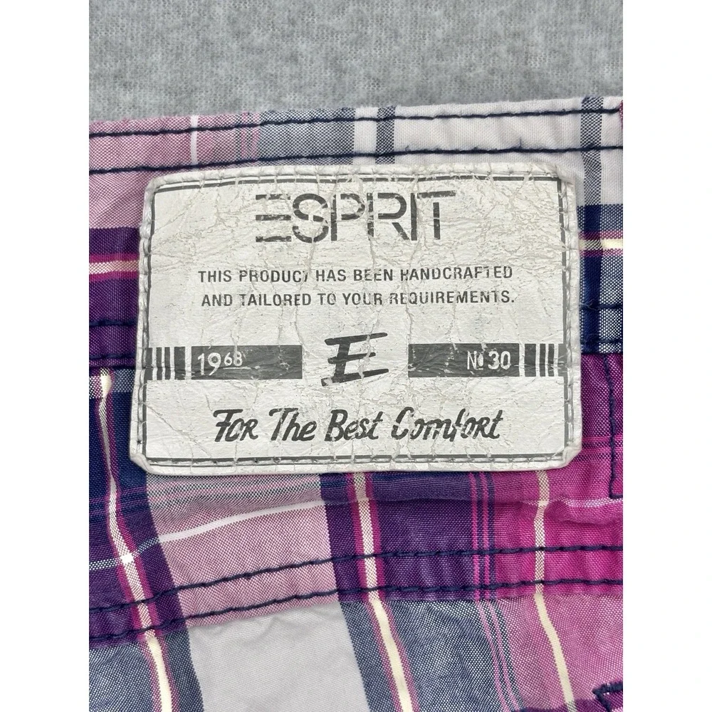 Esprit Mens W33 Plaid Cargo Shorts Pink Navy Cotton Drawstring Y2K